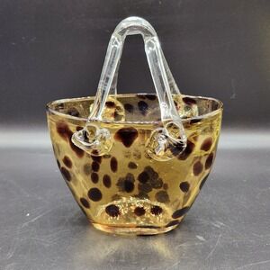 Glass Purse Candy Dish Trinket Holder Amber Leopard Print Pattern Handle Basket